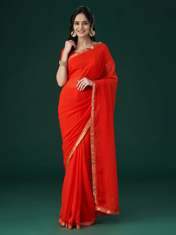 KASEE Women Orange Embroidered Mirror Work Saree