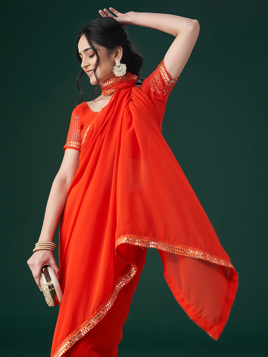 KASEE Women Orange Embroidered Mirror Work Saree