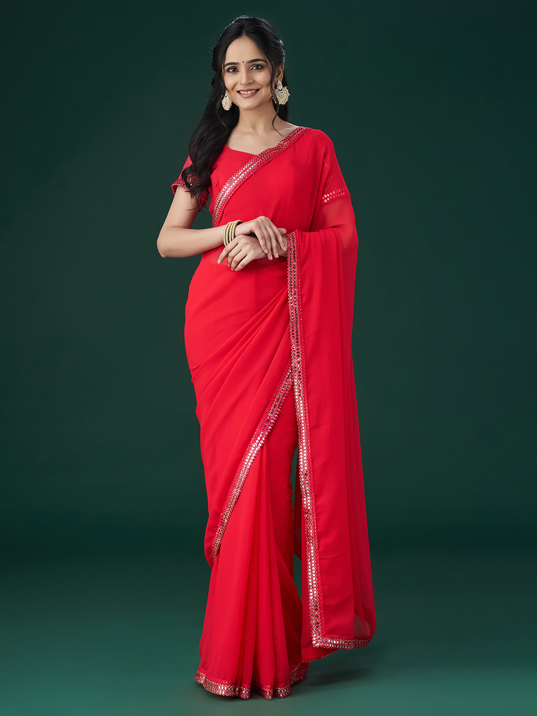 KASEE Women Pink Embellished Mirror Work Sarees