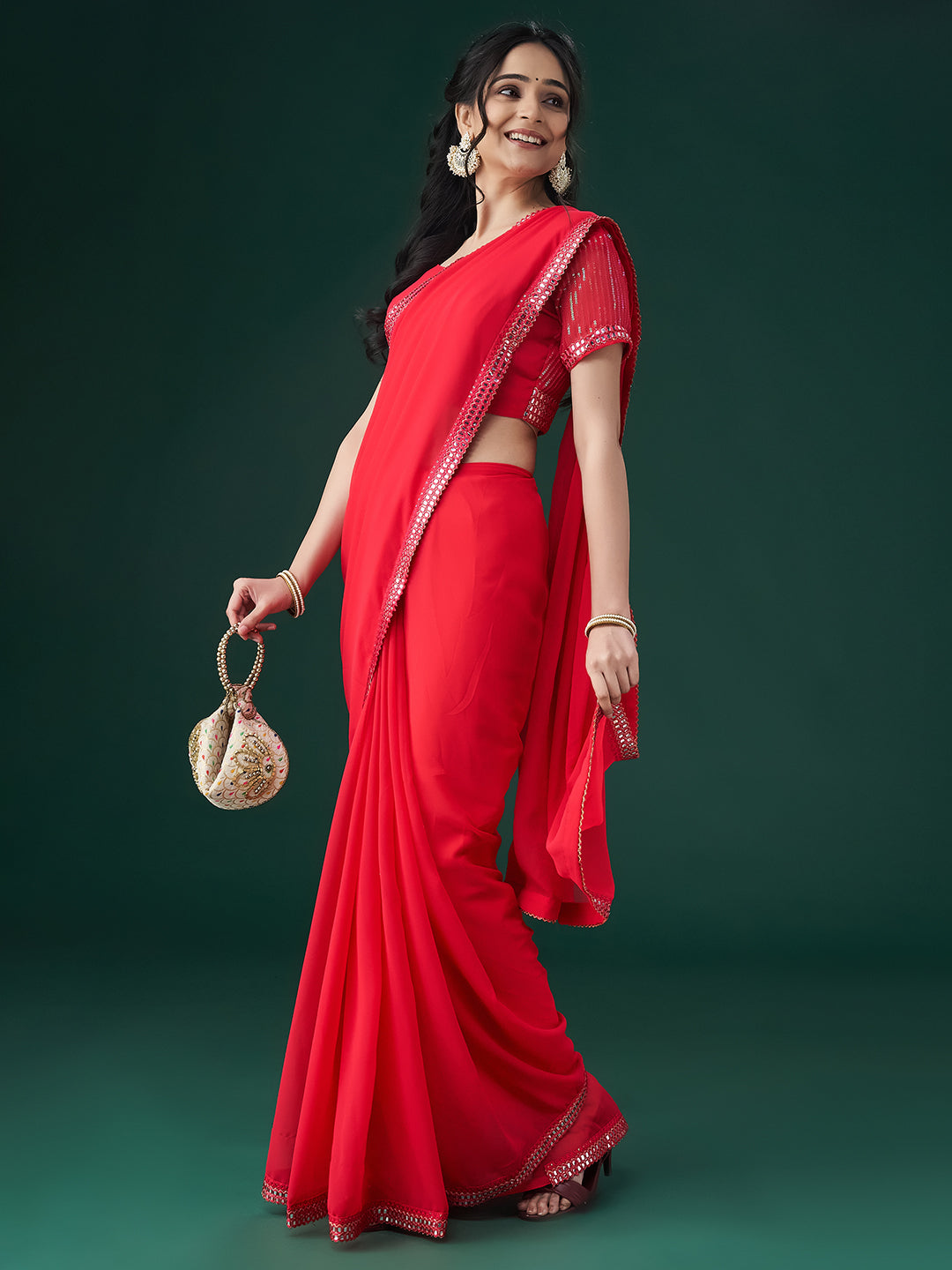 KASEE Women Pink Embellished Mirror Work Sarees