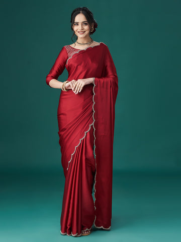 KASEE Women Maroon Embellished Satin Saree