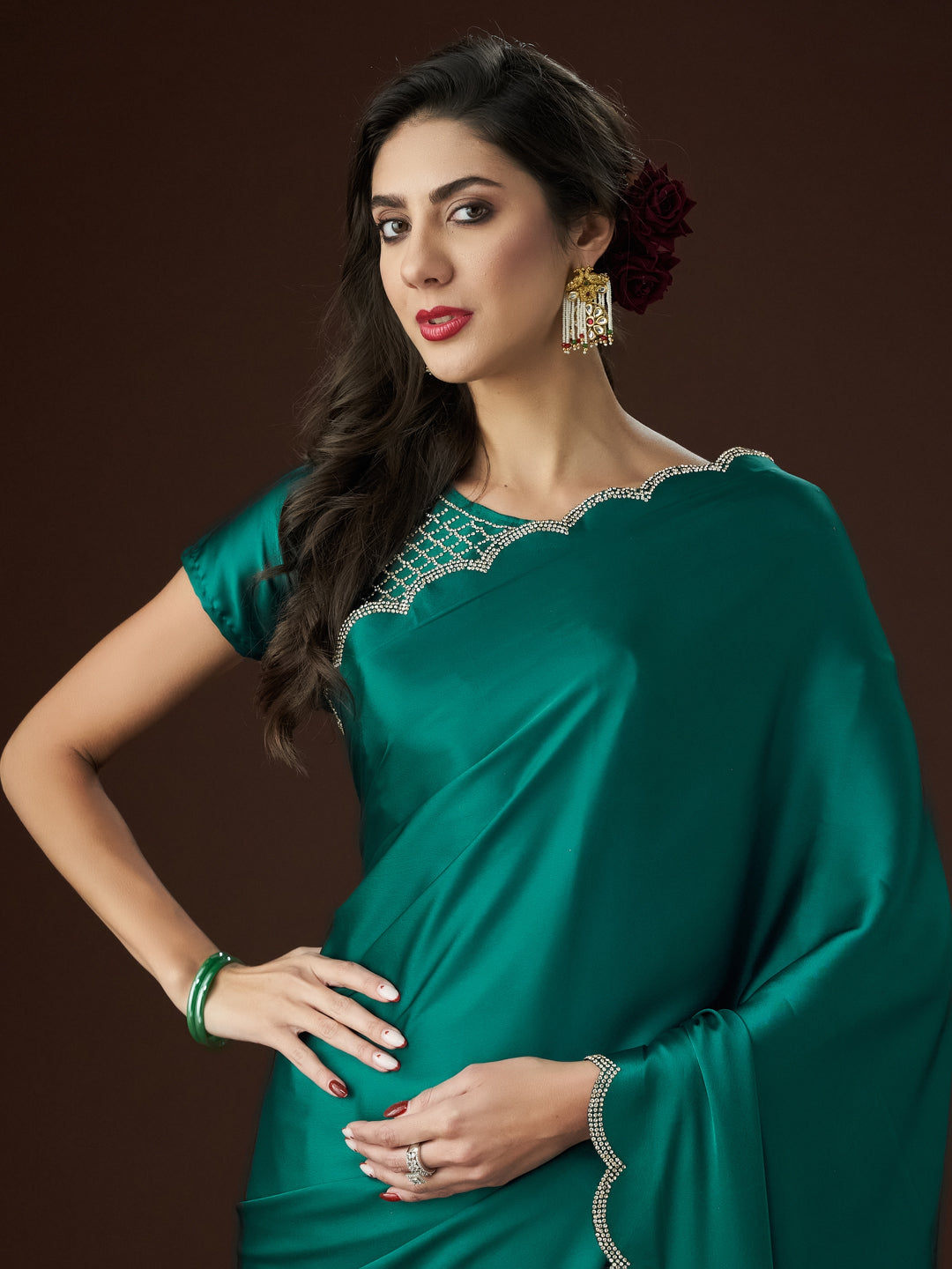 KASEE Women Petrol Embellished Satin Saree