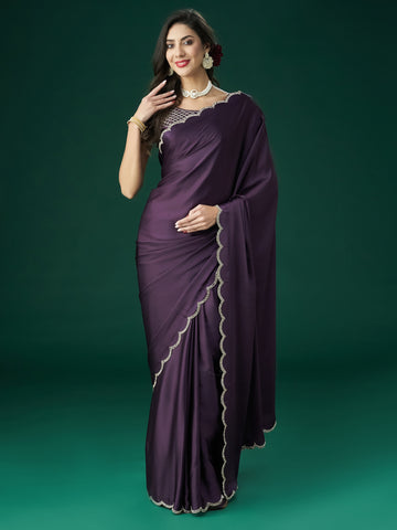 KASEE Women Wine Embellished Satin Saree
