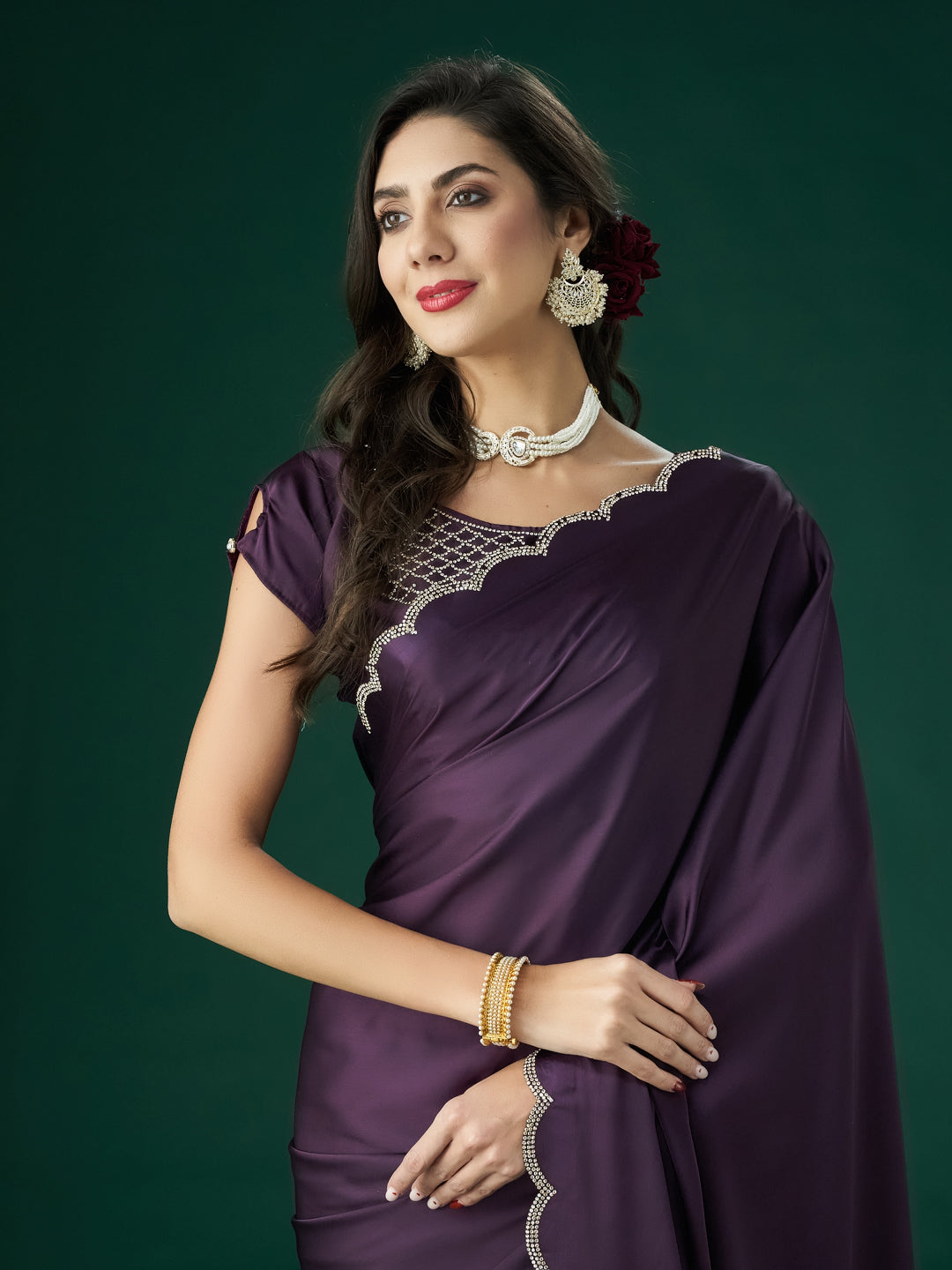 KASEE Women Wine Embellished Satin Saree