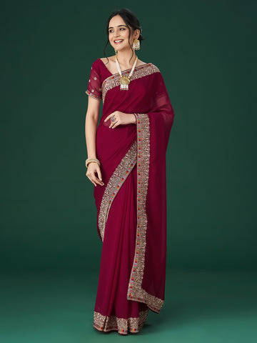 KASEE Women Cherry Ethnic Motifs Embroidered Bordered Saree