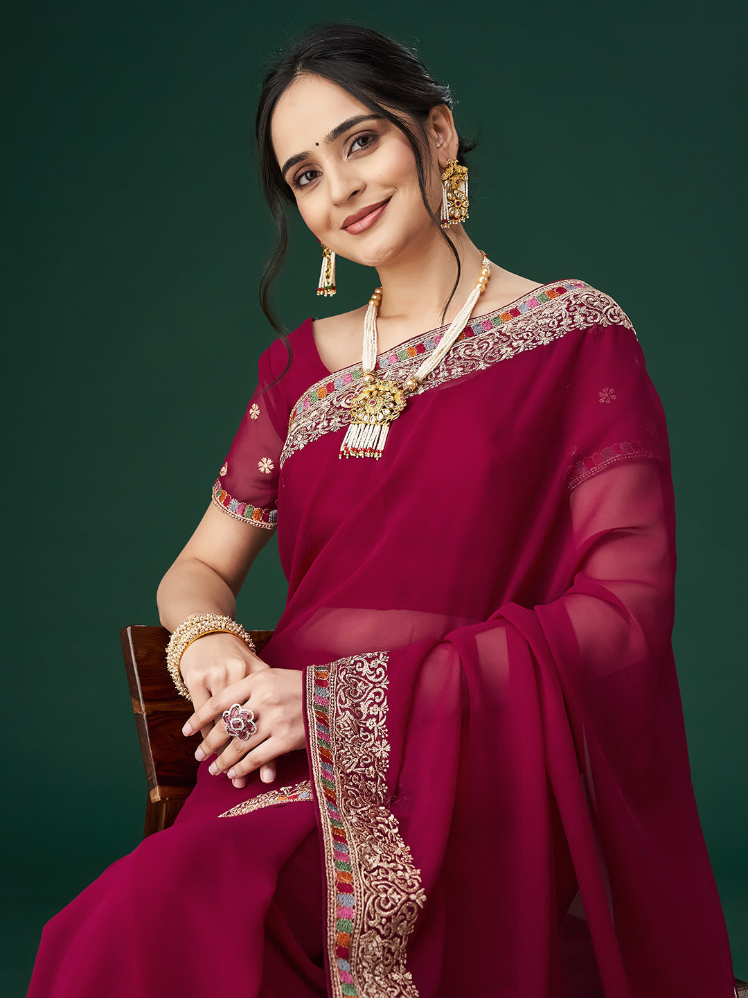 KASEE Women Cherry Ethnic Motifs Embroidered Bordered Saree