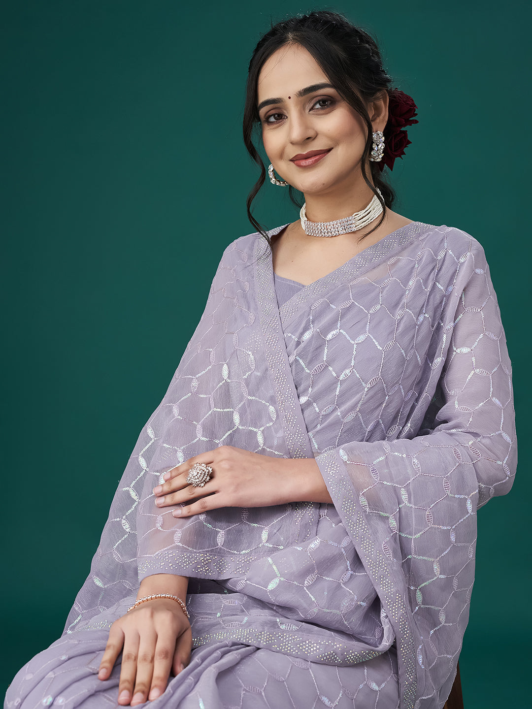 KASEEE Women Lavender Sequin Embellished Saree