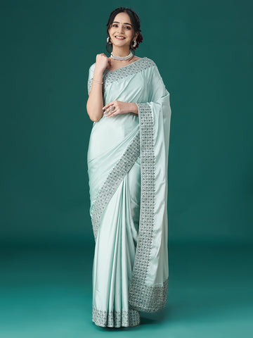 KASEE Women Firozi Saree with Ethnic Motif Embroidered Border