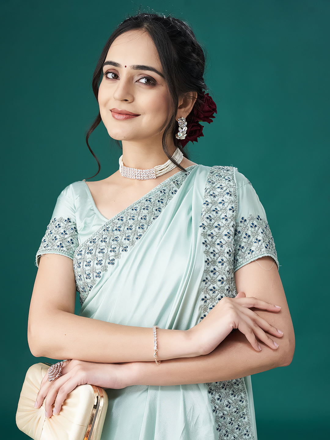 KASEE Women Firozi Saree with Ethnic Motif Embroidered Border
