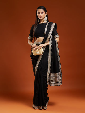 KASEE Women's Black Silk Blend Saree with Golden Zari Embroidered Border