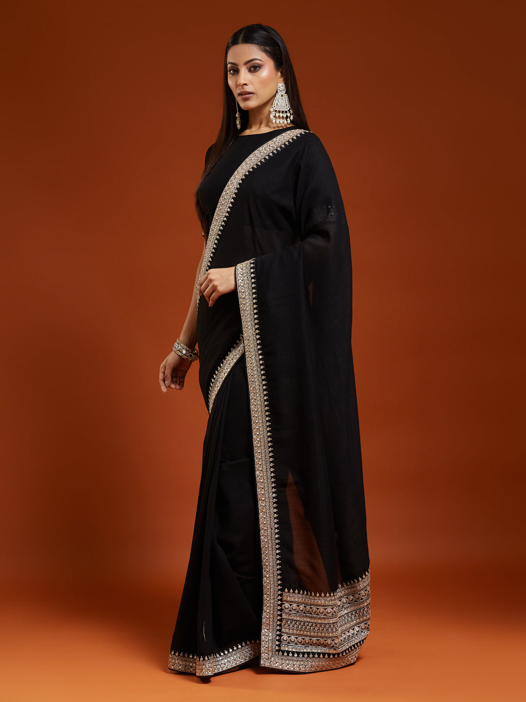 KASEE Women's Black Silk Blend Saree with Golden Zari Embroidered Border