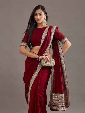 KASEE Women's Maroon Silk Blend Saree with Golden Zari Embroidered Border