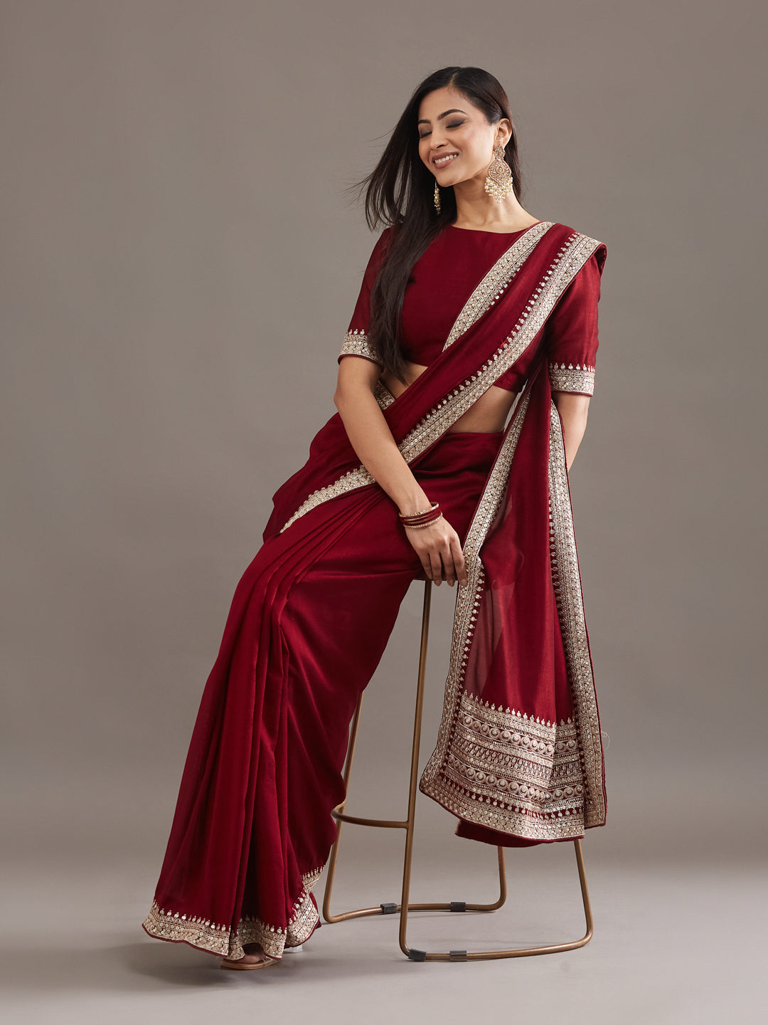 KASEE Women's Maroon Silk Blend Saree with Golden Zari Embroidered Border