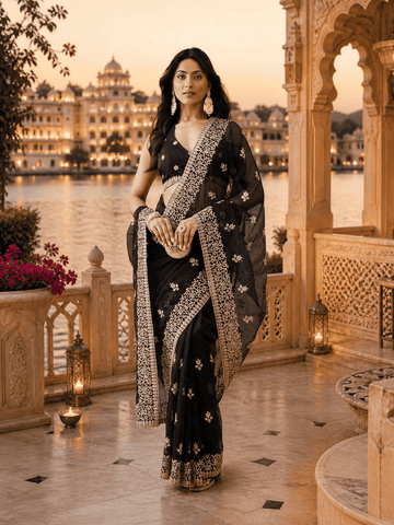 KASEE Women's Black Super Net Saree with Gold Zari Buti and Heavy Embroidered Border