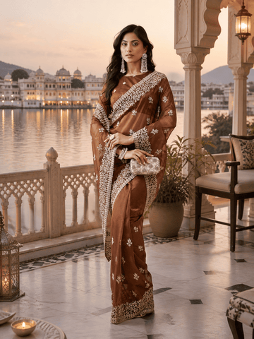 KASEE Women's Bronze super Net Saree with Sequin Buti and Heavy Embroidered Border