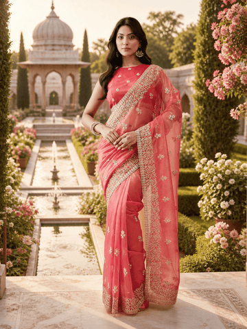 KASEE Women's Gajri Pink super net Saree with Gold Zari Buti and Embroidered Border