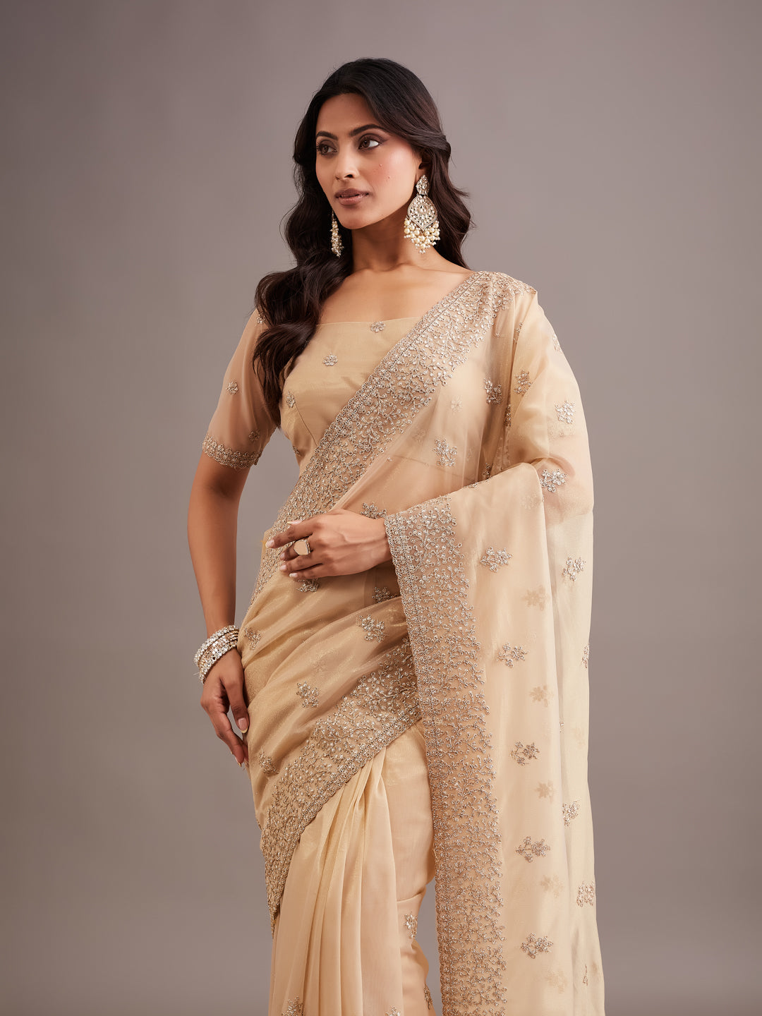 KASEE Women's gold Super Net Saree with Gold Zari Buti and Heavy Embroidered Border