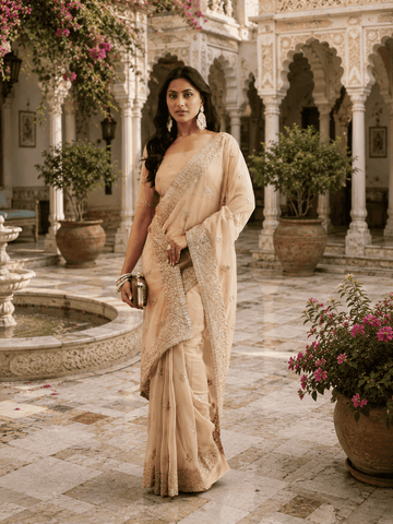 KASEE Women's gold Super Net Saree with Gold Zari Buti and Heavy Embroidered Border