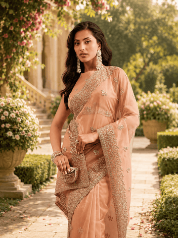 KASEE Women's peach Super Net Saree with Gold Zari Buti and Heavy Embroidered Border
