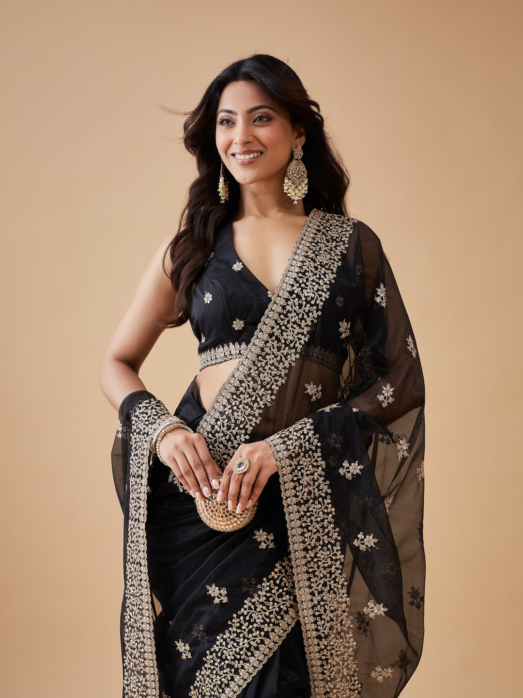 KASEE Women's Black Super Net Saree with Gold Zari Buti and Heavy Embroidered Border