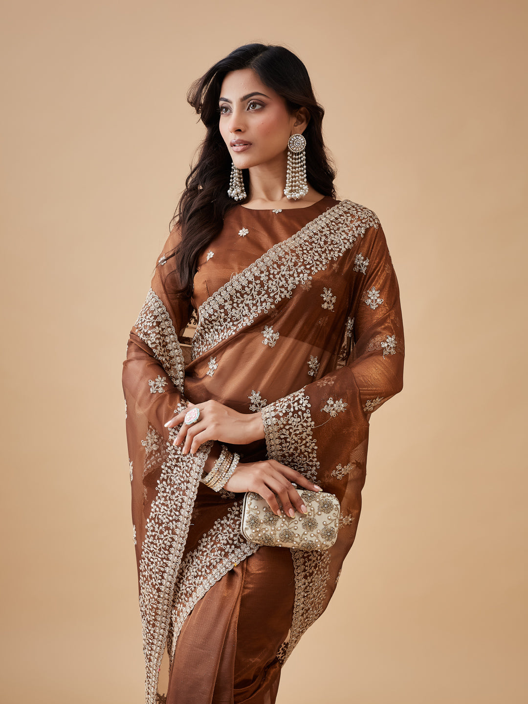 KASEE Women's Bronze super Net Saree with Sequin Buti and Heavy Embroidered Border