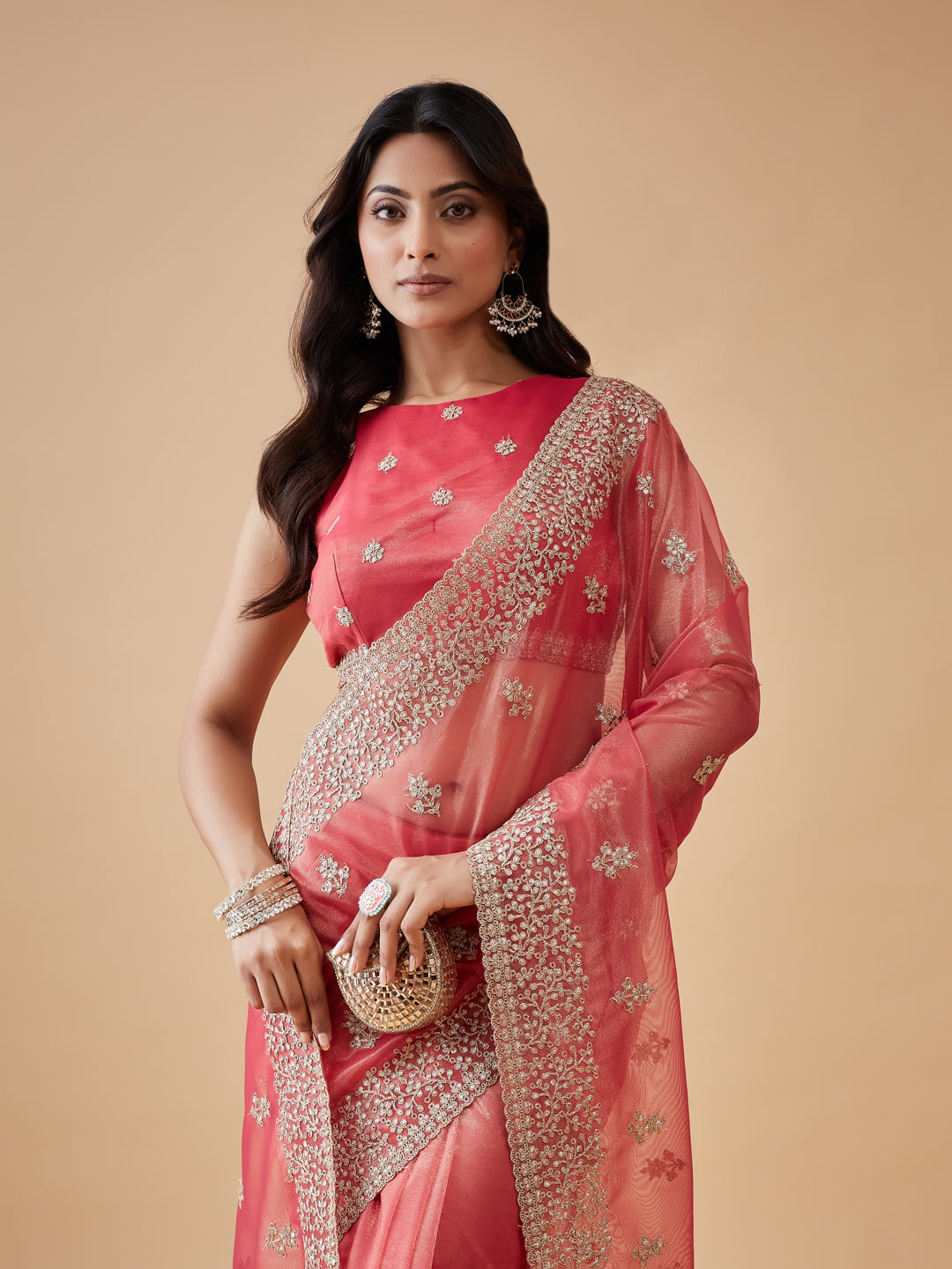 KASEE Women's Gajri Pink super net Saree with Gold Zari Buti and Embroidered Border