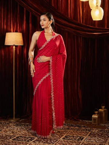 KASEE Women Red Embellished Beads and Stones Ready to Wear Saree