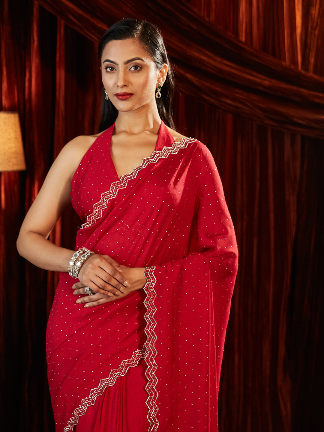 KASEE Women Red Embellished Beads and Stones Ready to Wear Saree