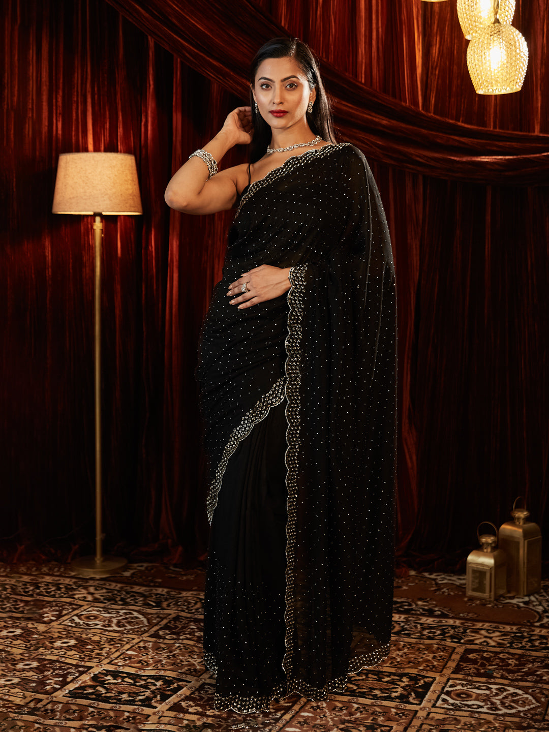 KASEE Women Black Reay To Wear Saree with Scalloped Embellished Border