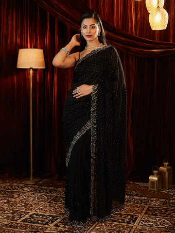 KASEE Women Black Reay To Wear Saree with Scalloped Embellished Border