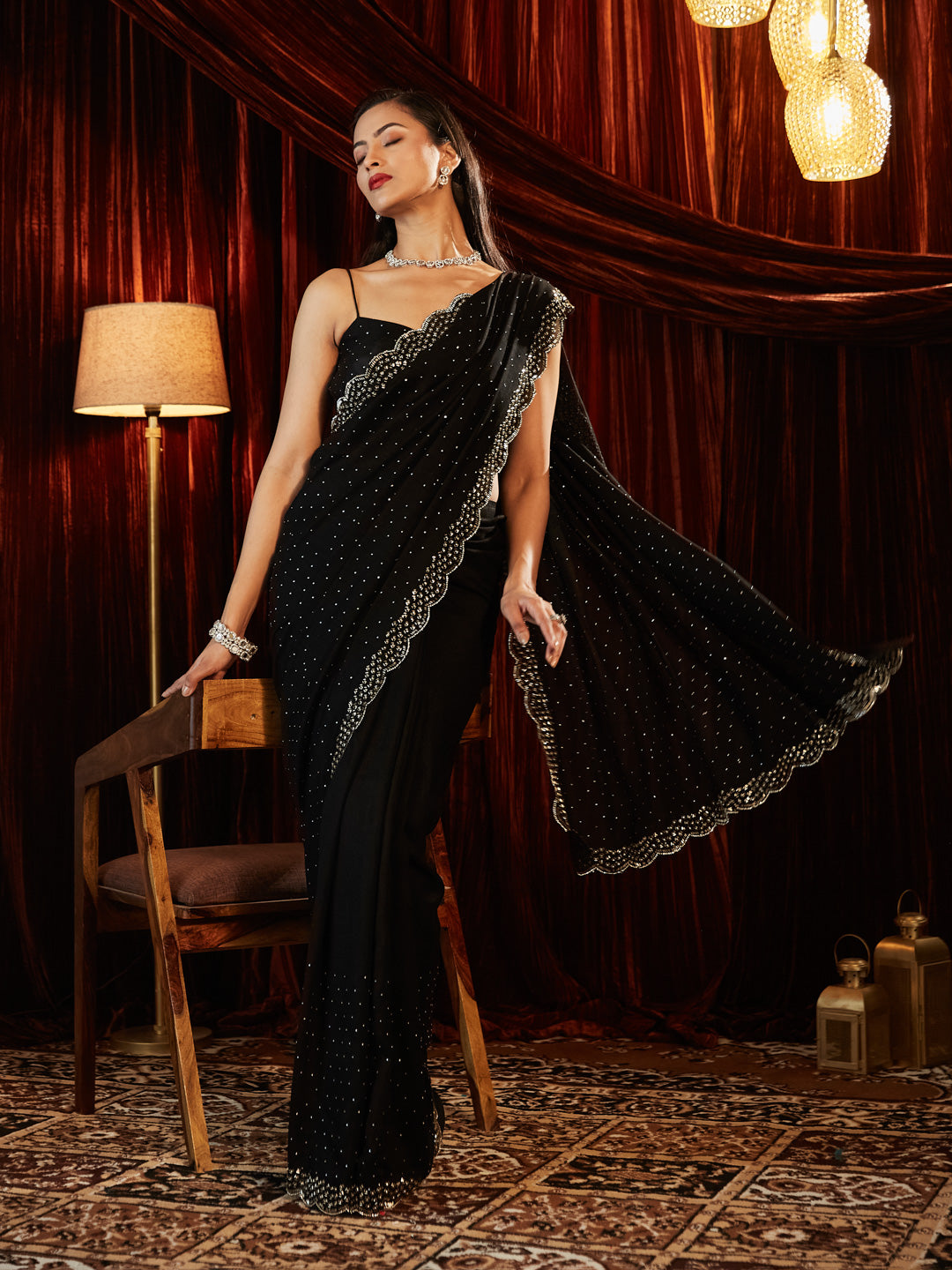 KASEE Women Black Reay To Wear Saree with Scalloped Embellished Border