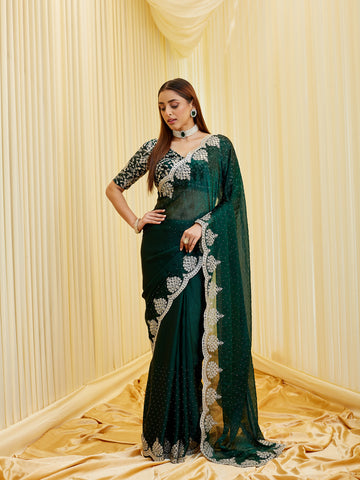 KASEE Women's Embroidered Green Georgette Saree