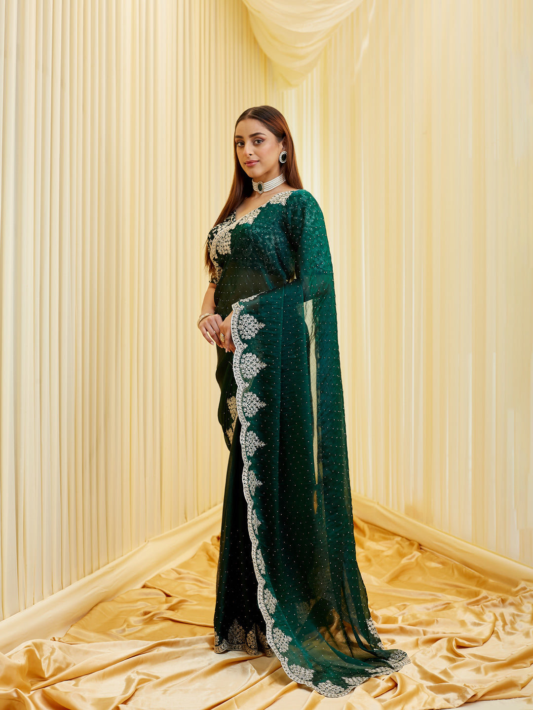 KASEE Women's Embroidered Green Georgette Saree