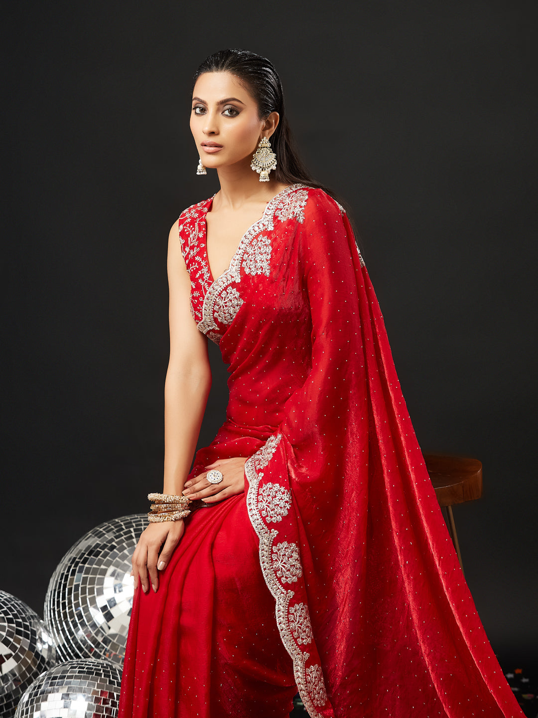 KASEE Women's Red Embroidered Saree with Heavy Silver Thread Work Border