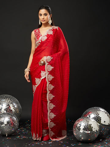 KASEE Women's Red Embroidered Saree with Heavy Silver Thread Work Border