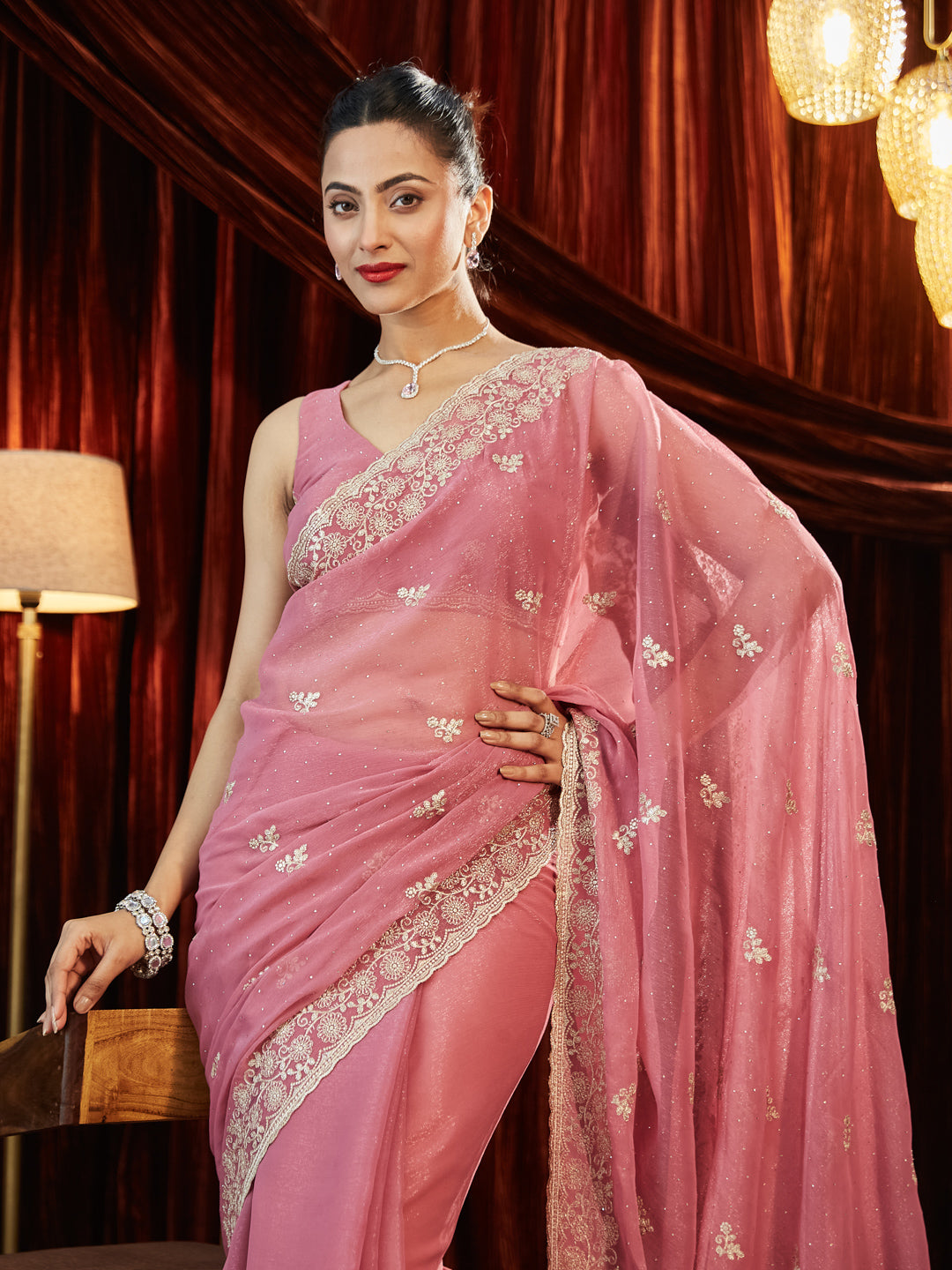 Kasee Womens Chiffon Embroidered Saree