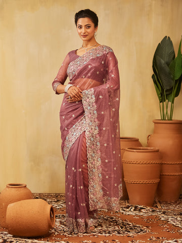 Kasee Womens Supernet Floral Embroidered Saree