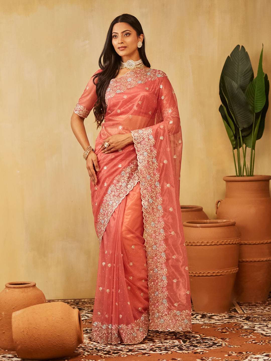 Kasee Womens Supernet Floral Embroidered Saree
