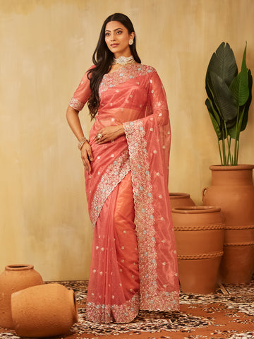 Kasee Womens Supernet Floral Embroidered Saree