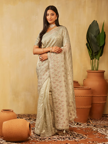 Kasee Womens Organza Floral Embroidered Saree