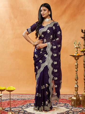KASEE Women Embellished Embroidered Pure Chiffon Saree