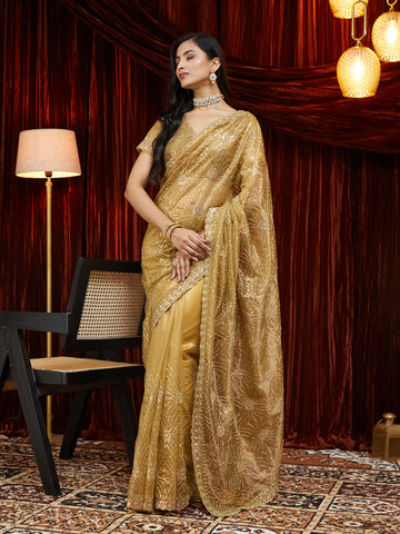 KASEE Women Golden Organza Embroidered Saree