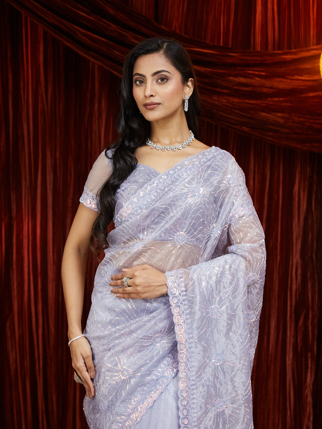 KASEE Women Golden Organza Embroidered Saree