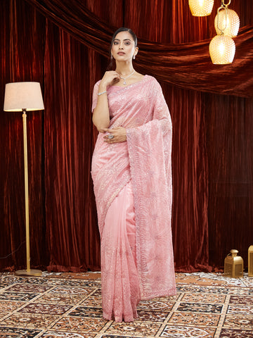 KASEE Women Golden Organza Embroidered Saree