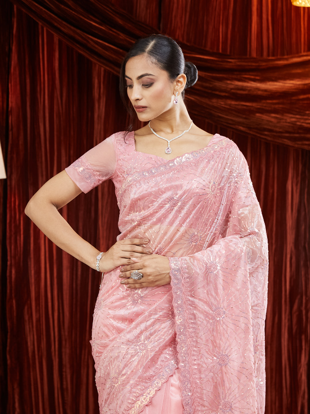 KASEE Women Golden Organza Embroidered Saree
