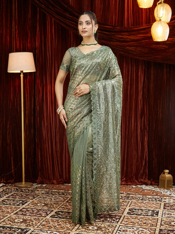 KASEE Women Sequined Embroidered Super Net Saree
