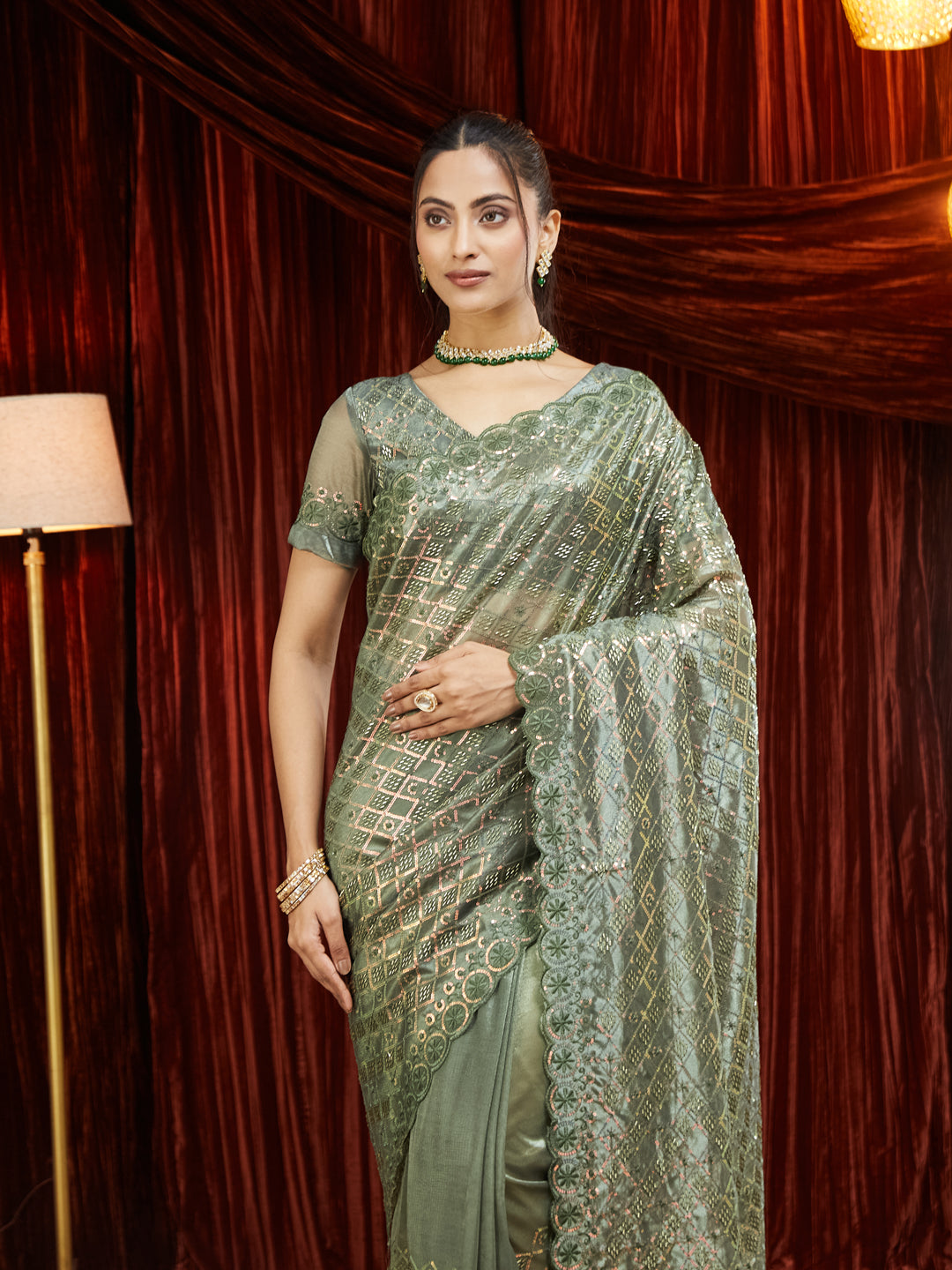 KASEE Women Sequined Embroidered Super Net Saree