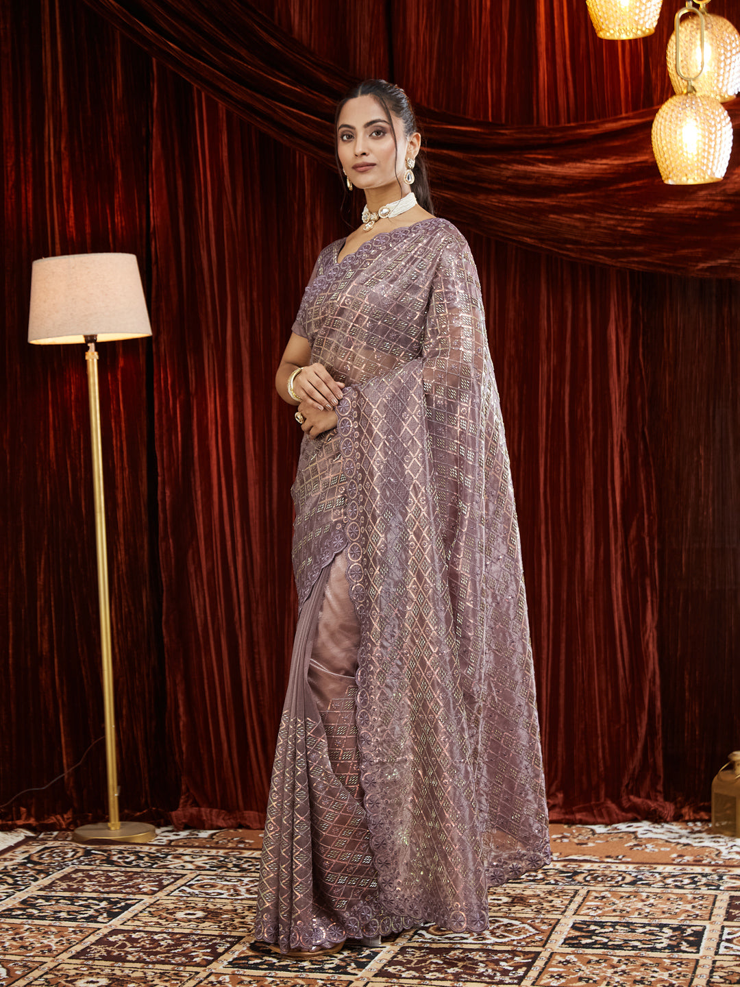 KASEE Women Sequined Embroidered Super Net Saree