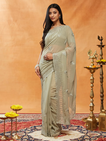 KASEE Women Lavender Organza Saree with Thread Embroidery & Scalloped Border