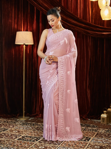 KASEE Women Lavender Organza Saree with Thread Embroidery & Scalloped Border
